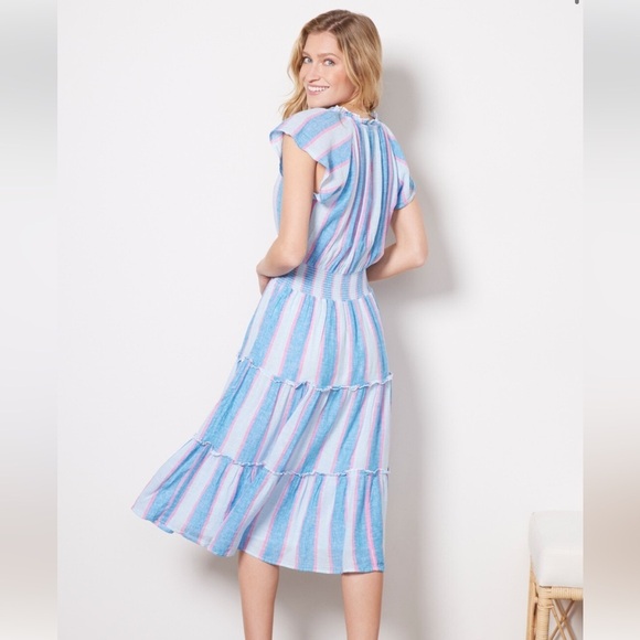 RAILS AMELLIA LINEN-BLEND MIDI BLUE PINK DRESS KONA STRIPE COTTON LINEN TIERED - Picture 4 of 12